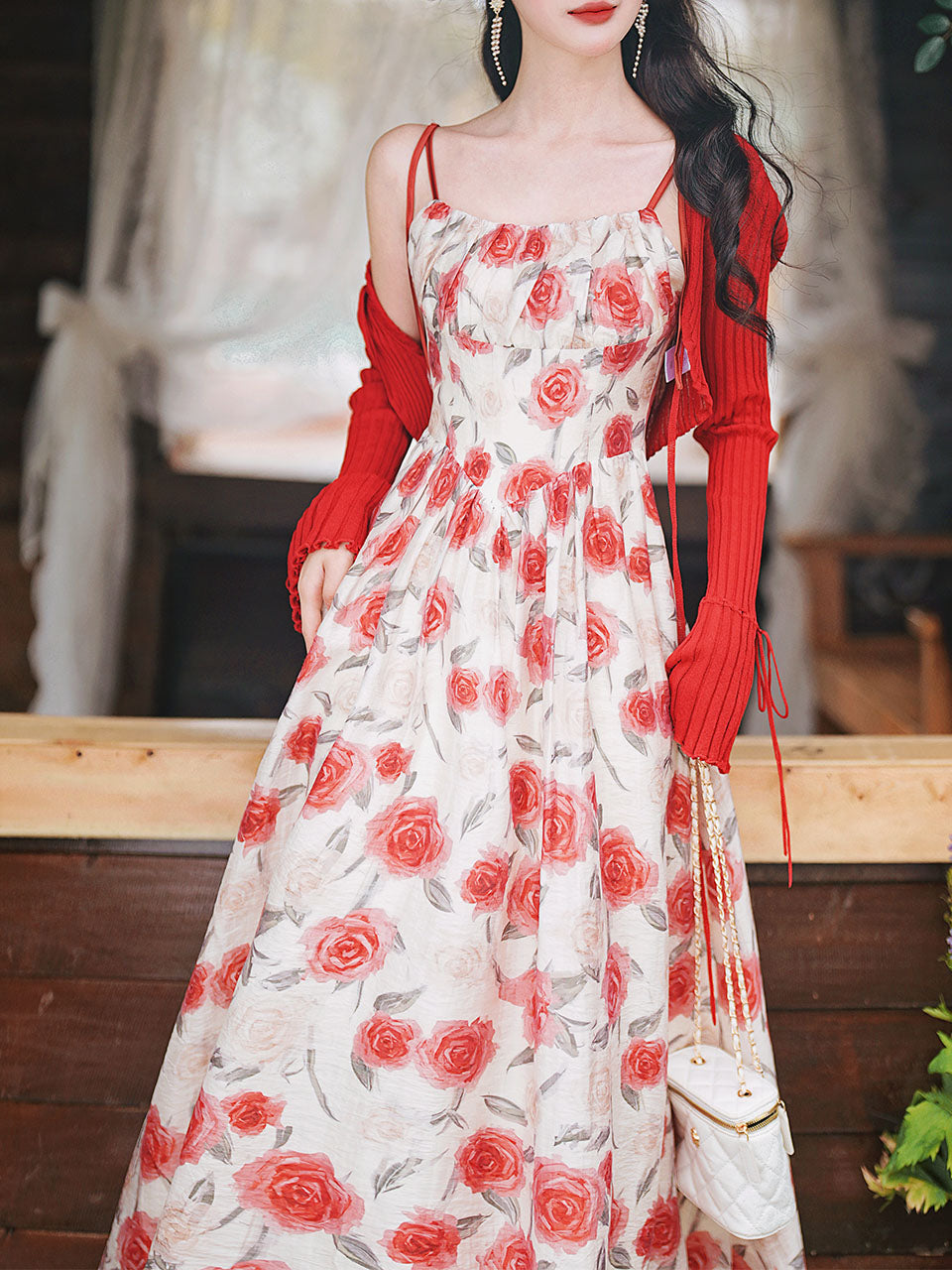 2PS Red Rose Spaghetti Strap 1950S Vintage Dress