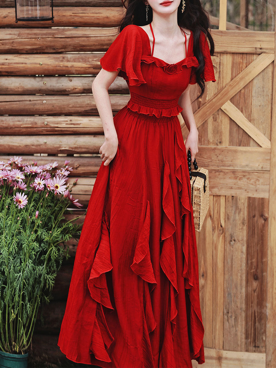 2PS Red Rose Ruffles Spaghetti Strap Top and High Waist Swing Dress Set