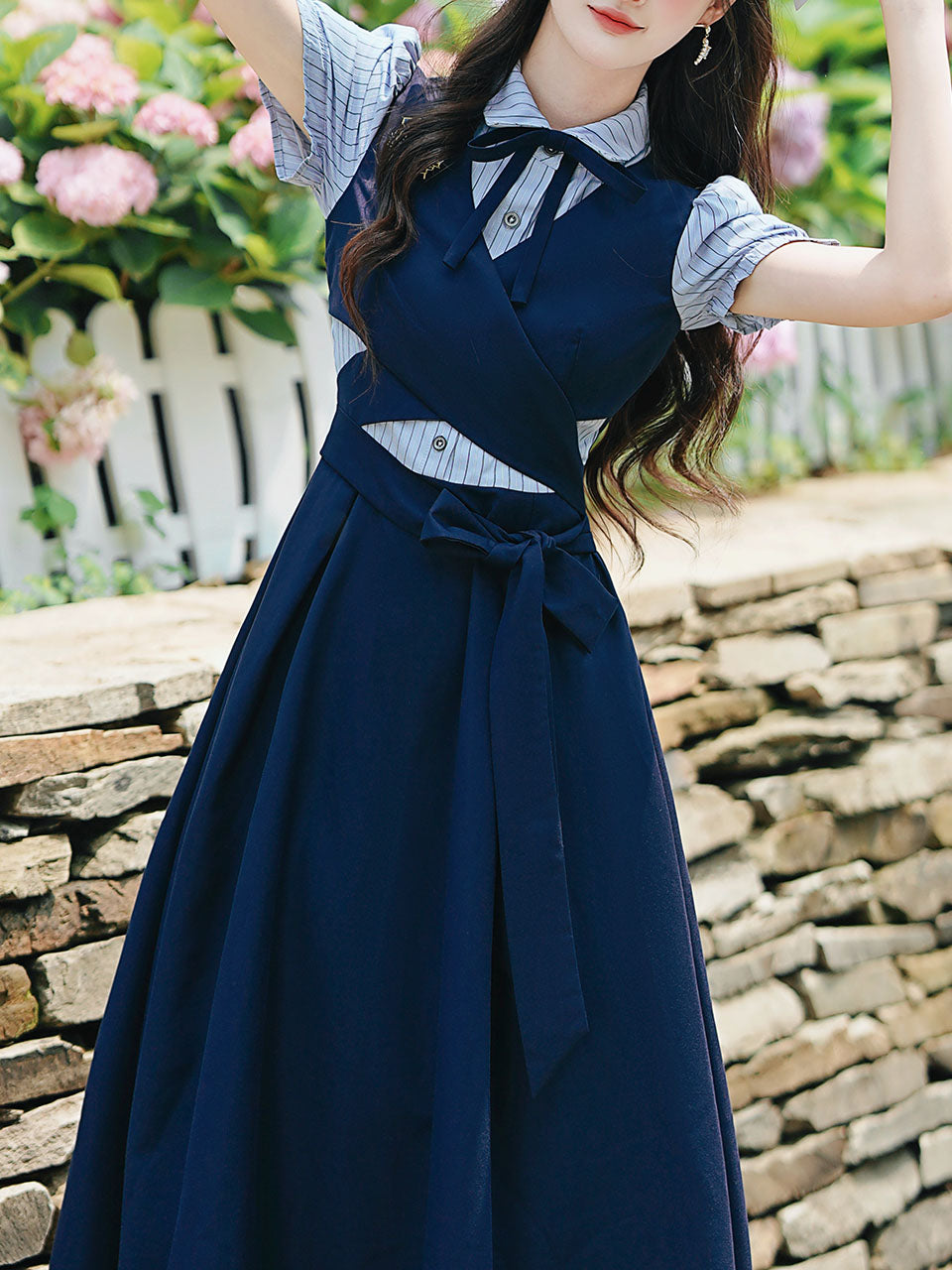 Vintage Navy Two-Piece Fake Layered Shirt Dress