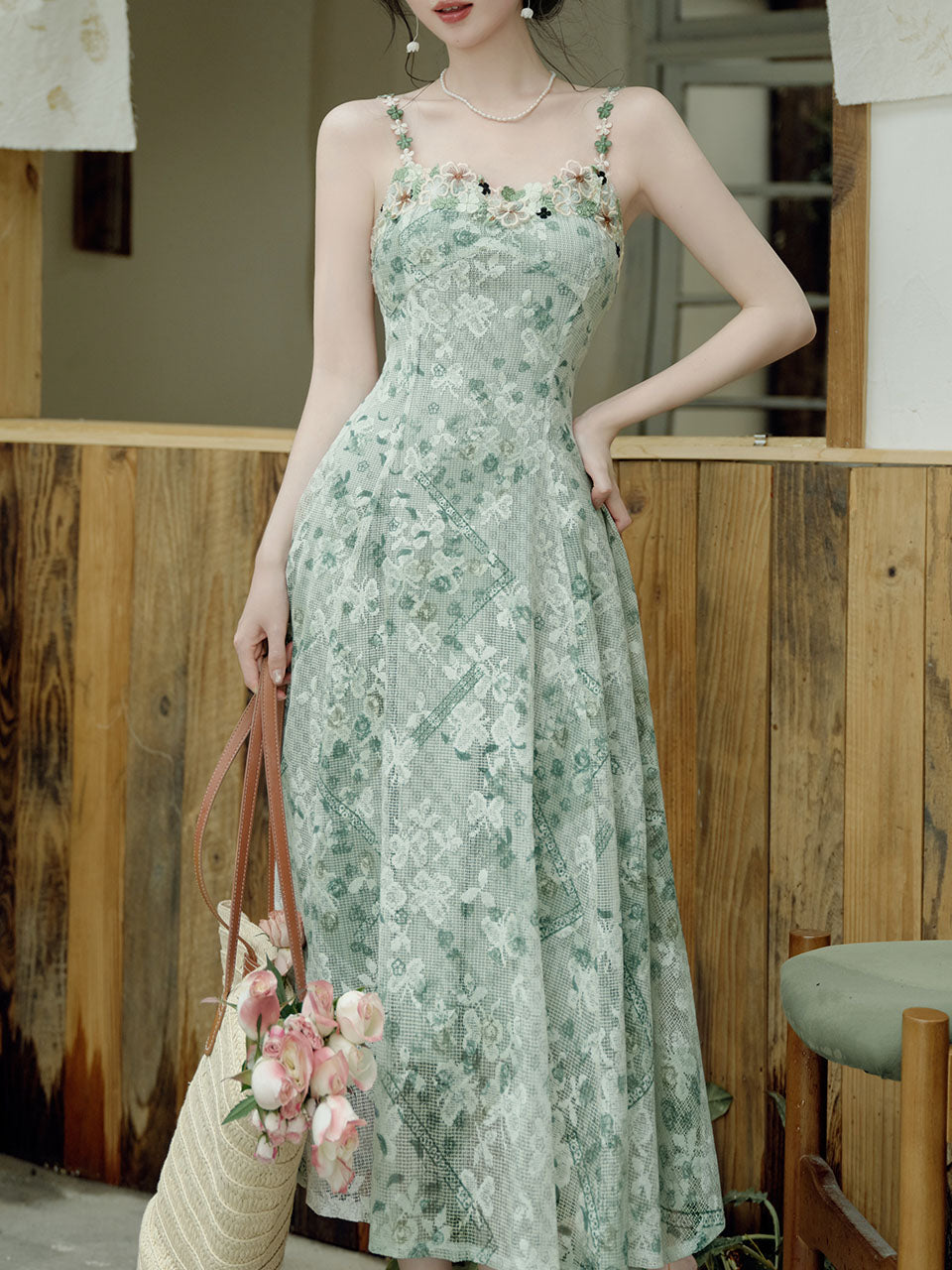 2PS Green Floral Print Lace Dress