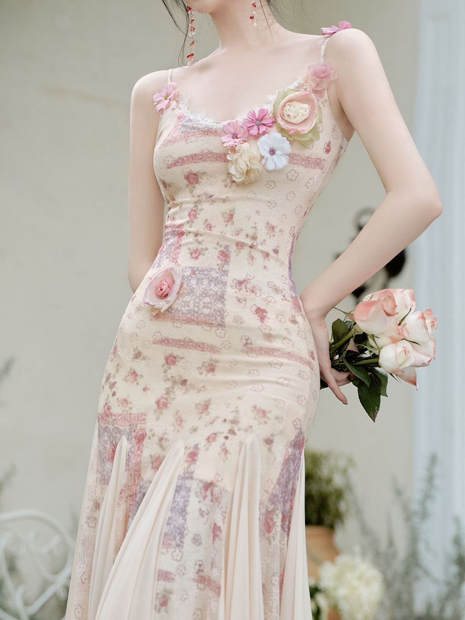 Pink Floral Print Spaghetti Strap Fishtail Flared Vintage Maxi Dress
