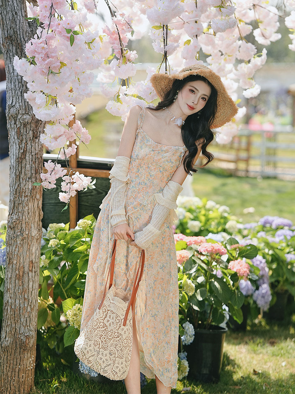 2PS Apricot Floral Printed Spaghetti Strap High-low Ruffled Hem Vintage Dress