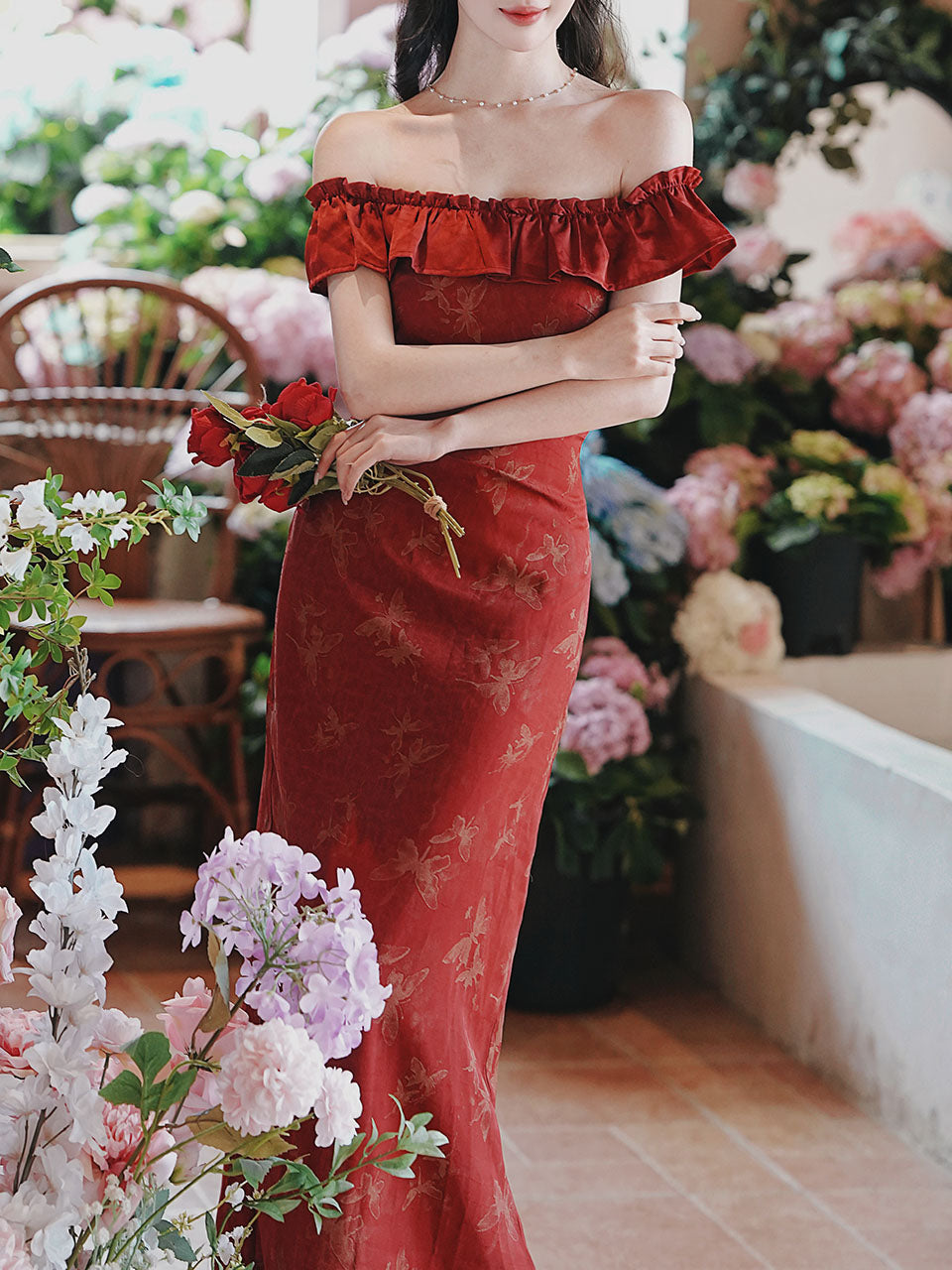 Red Butterfly Print Off Shoulder Bodycon Dress