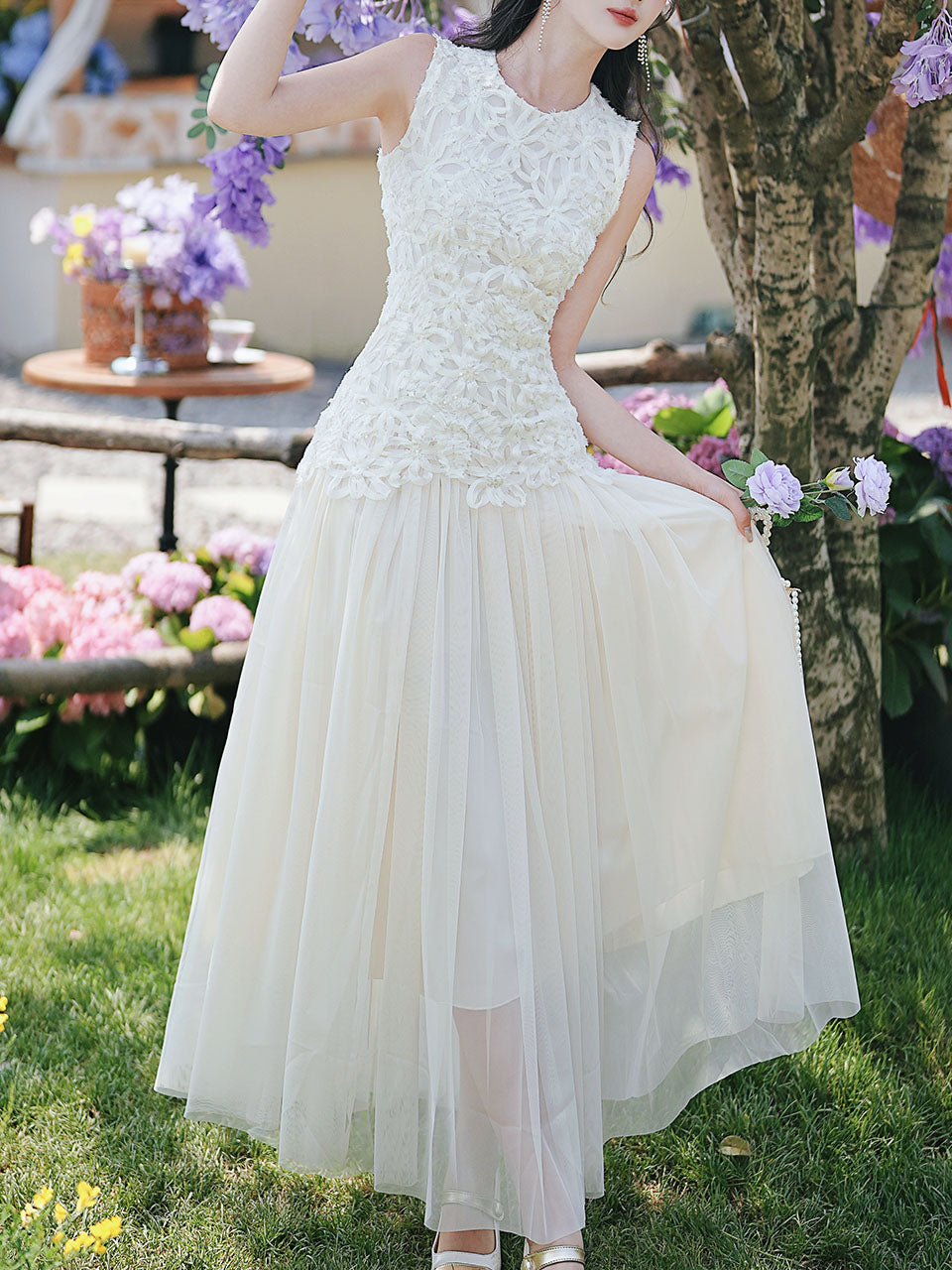 White Lace Patchwork Mesh Vintage Dress