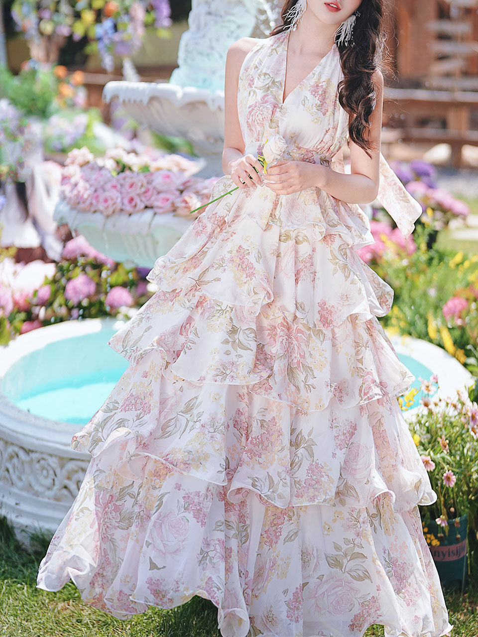 Pink Floral Print Halter Neck Backless Vintage Dress