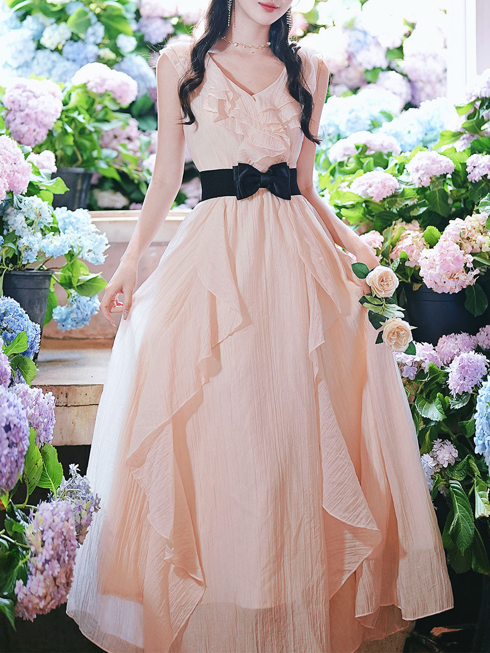 Pink Flowy Ruffle V-Neck Dress