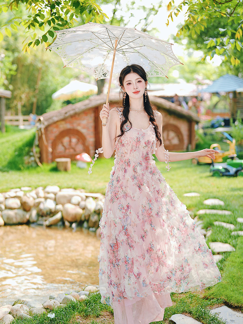 2PS Pink Ruffles Floral Printed Spaghetti Strap Vintage Dress
