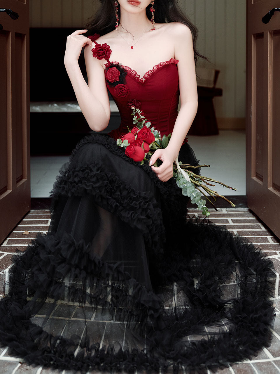Gothic Red Corset Tiered Tulle Maxi Dress  Rose Asymmetric Ruffle Dark Romantic Party Gown