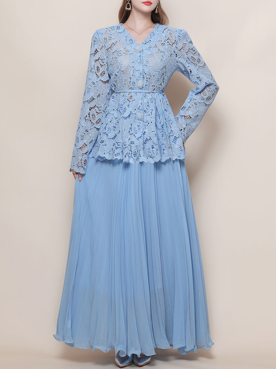 Baby Blue V Neck Long-Sleeve Lace Blouse