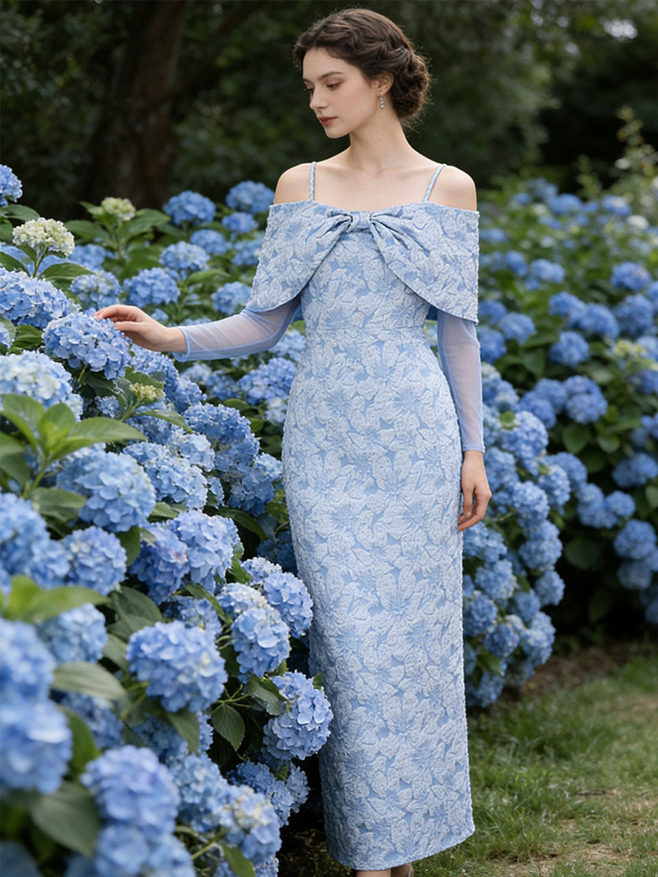 Baby Blue Off Shoulder Oversized Bow Soft Jacquard Maxi Gown