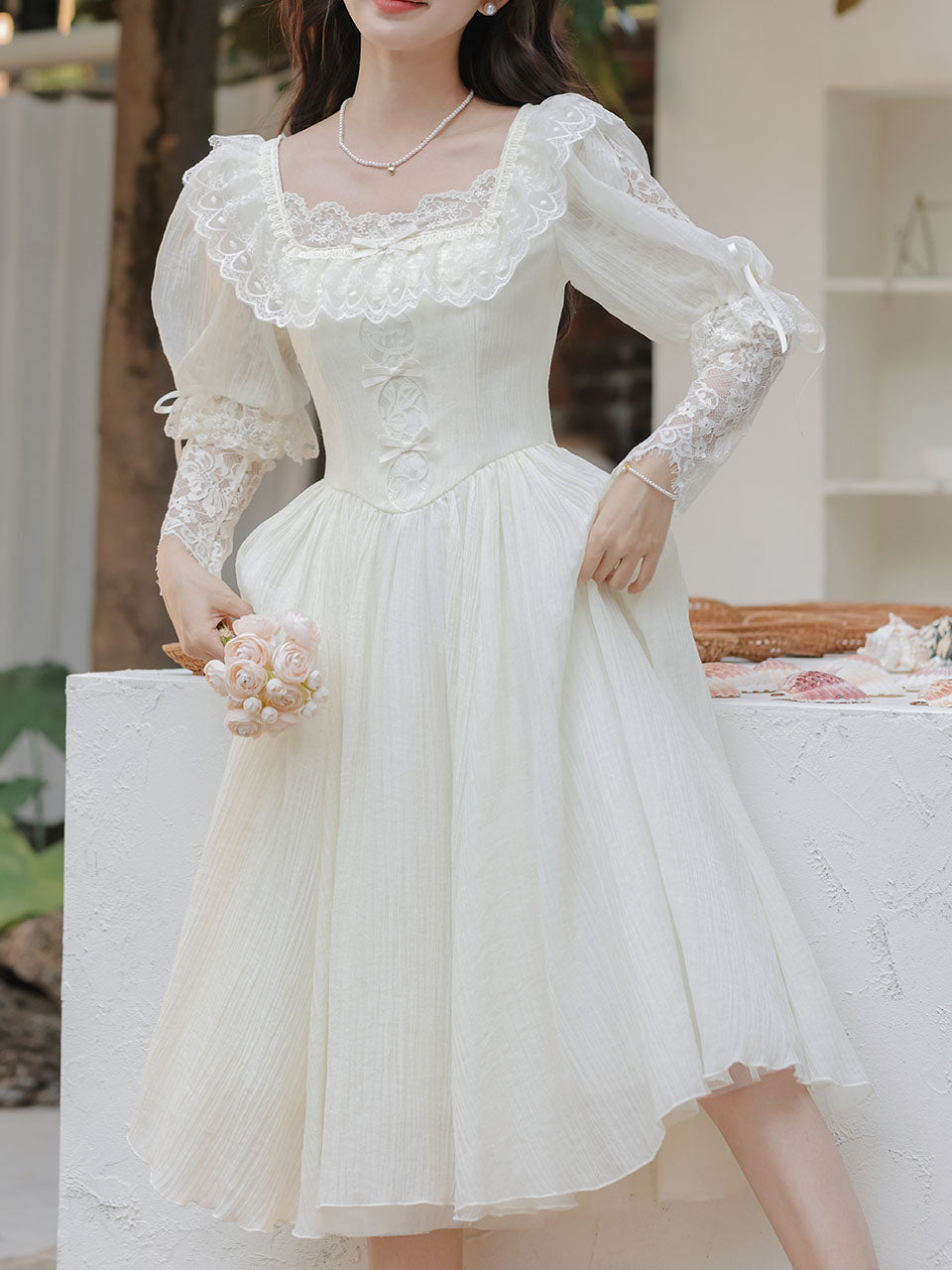Sweet Victorian Lace Square Collar Corset Short Sleeve Wedding Mini Dress