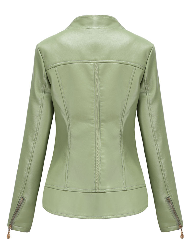 Light Green Long Sleeve PU Leather Motorcycle Jacket