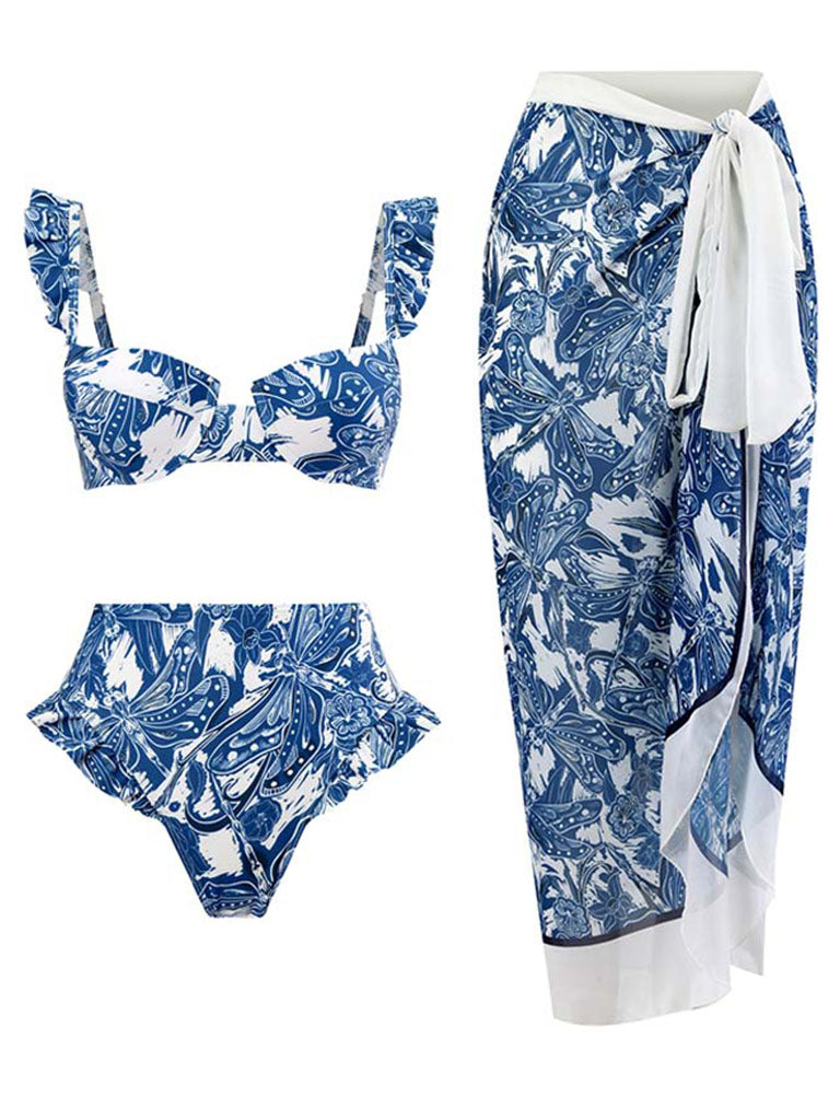 Floral Print Retro Style Strap Bikini Two Piece