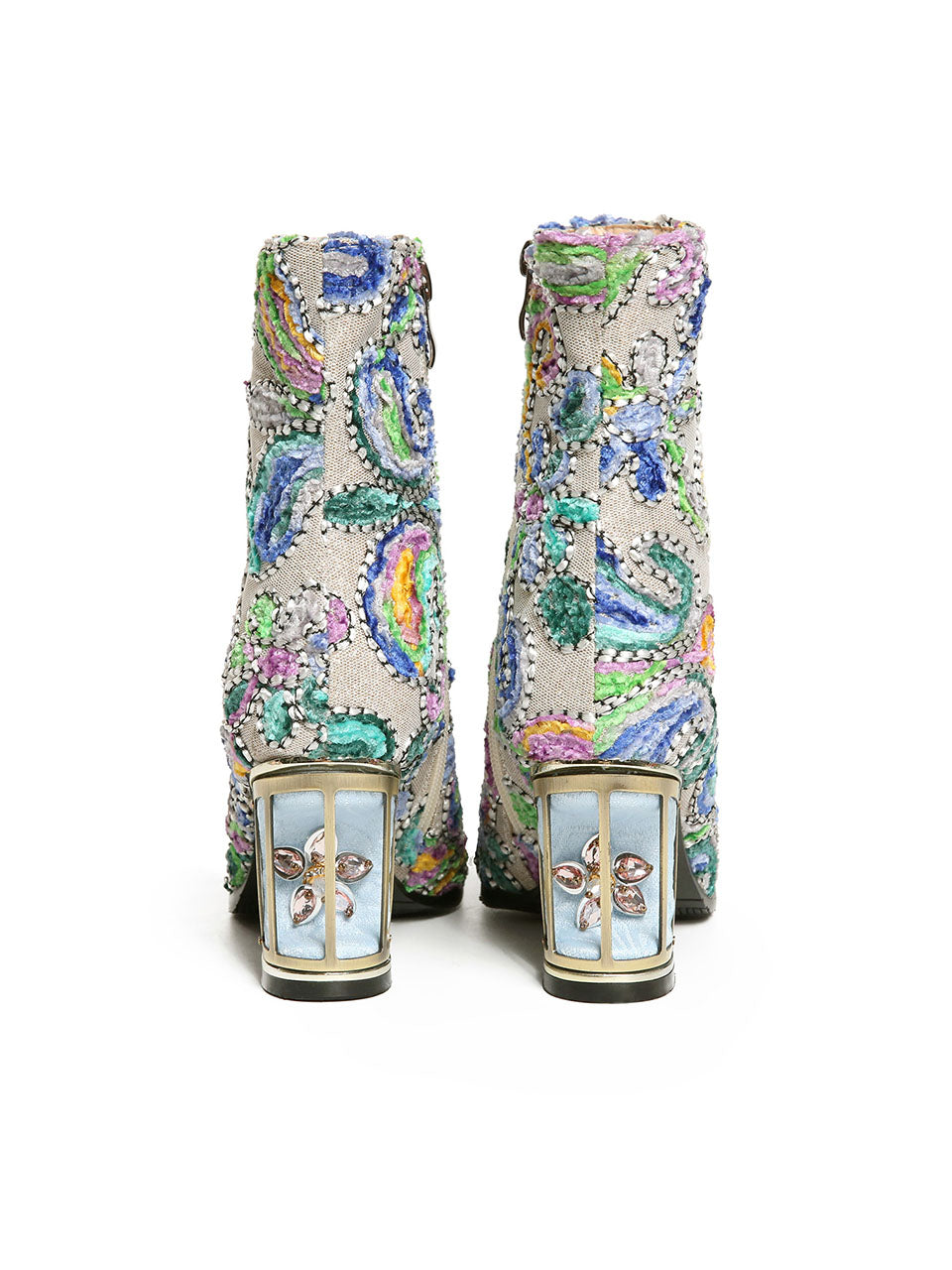7CM Luxury Embroidered Chunky High Heel Platform Bootie Vintage Shoes