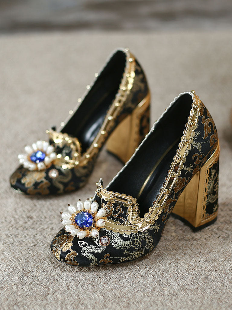 10CM Luxury Pearls And Diamonds Chunky Heels Retro Shoes