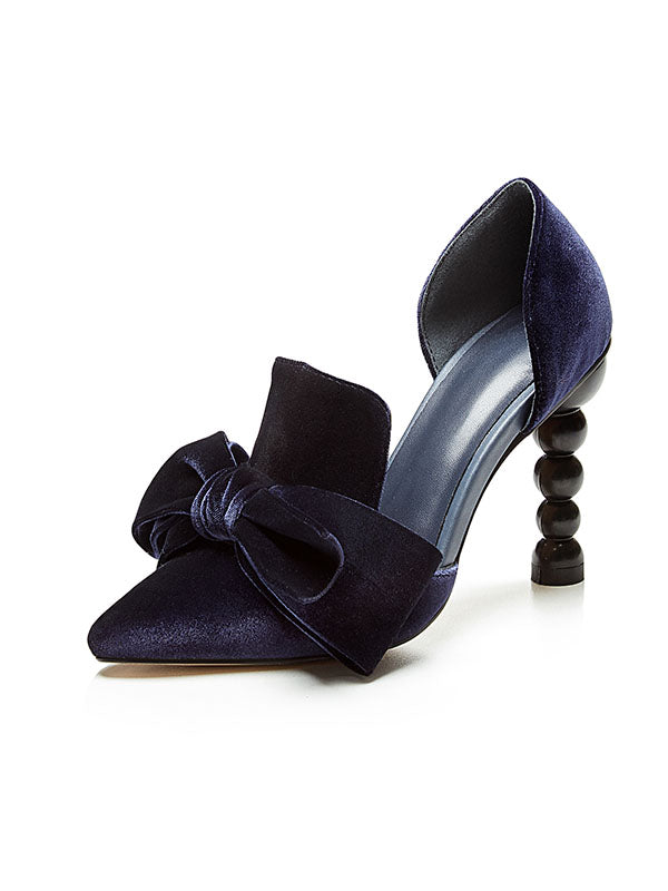 Big Bow Velvet Cylindrical Heel Pointed Toe Vintage Shoes