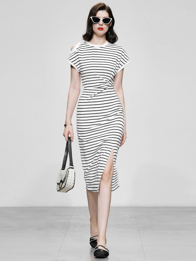 Striped Crew Neck Slit Casual Bodycon Dress