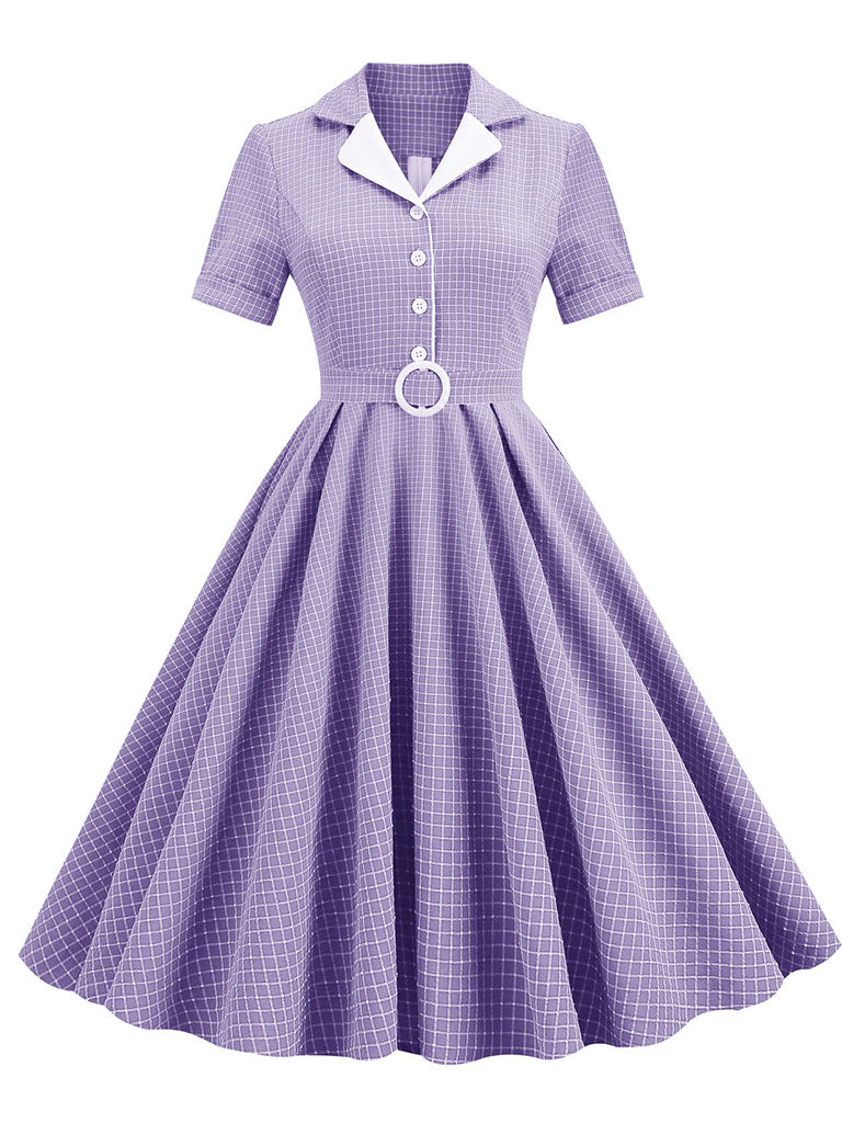 Green Plaid Turn Down Collar Short Sleeves 1950S Vintage Shirt Dress