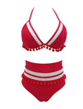 Red Halter High Waist Bikini Fringed Fur Ball Swimsuit Two Pieces Bikini Sets