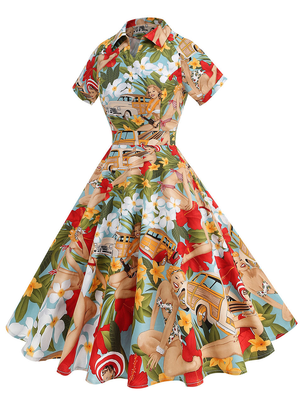 Red Floral Print Turn Down Collar Short Sleeves 1950S Vintage Shirt Dress