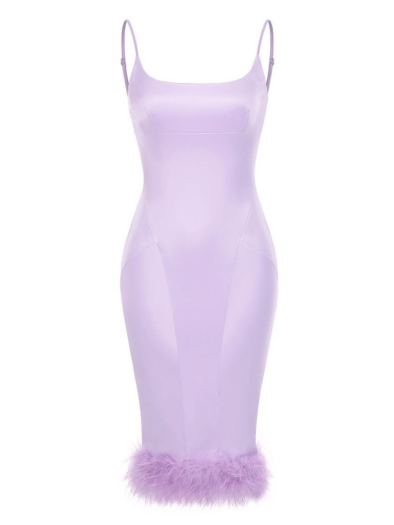Purple Spaghetti Strap Satin Feather Hem Bodycon Dress Gown Party Dress