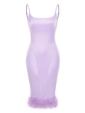 Purple Spaghetti Strap Satin Feather Hem Bodycon Dress Gown Party Dress