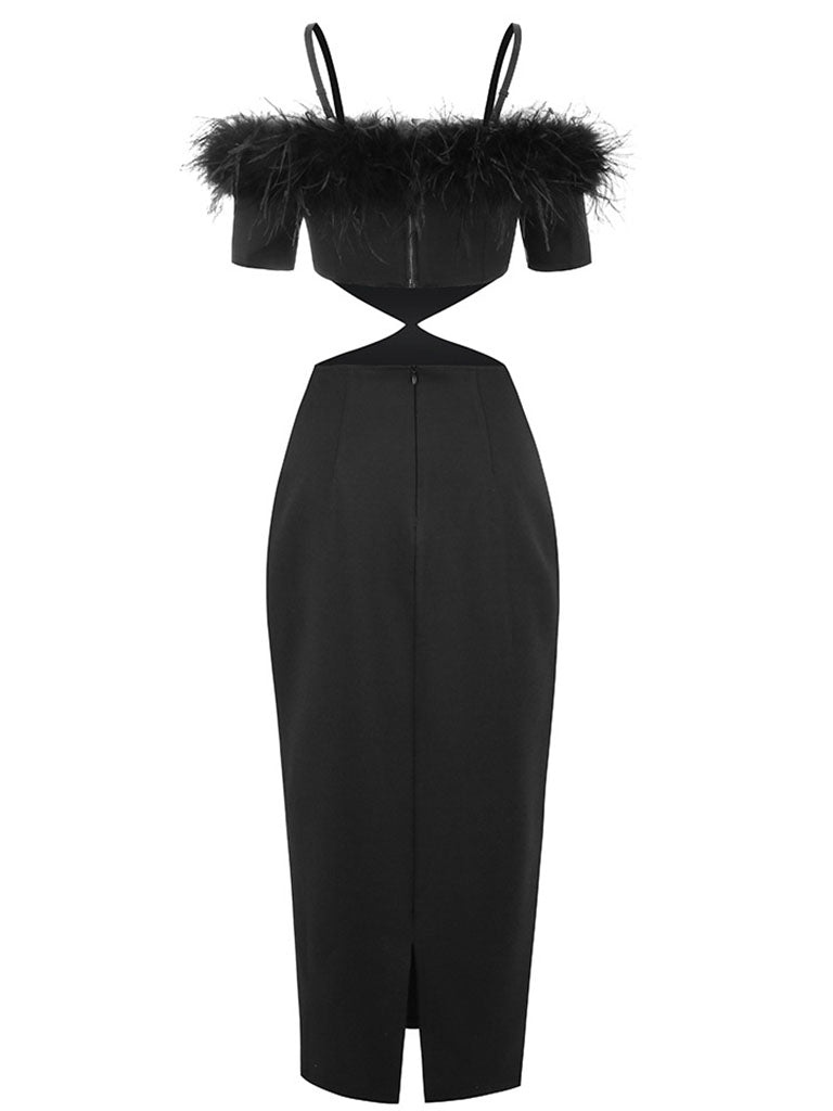 Black Spaghetti Strap Feather Off The Shoulder Bodycon Dress Gown Party Dress