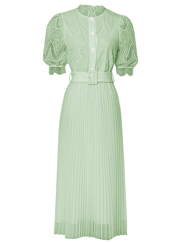 Apricot Stand Collar Puff Sleeve Mesh Pleated Dress