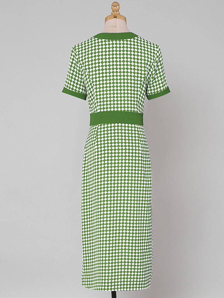 Green V Neck Checkerboard Print Short Sleeve 1940S Vintage Dress
