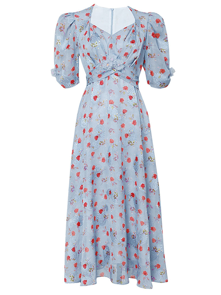 Pink Rose Floral Chiffon Vintage Style 1950S Dress