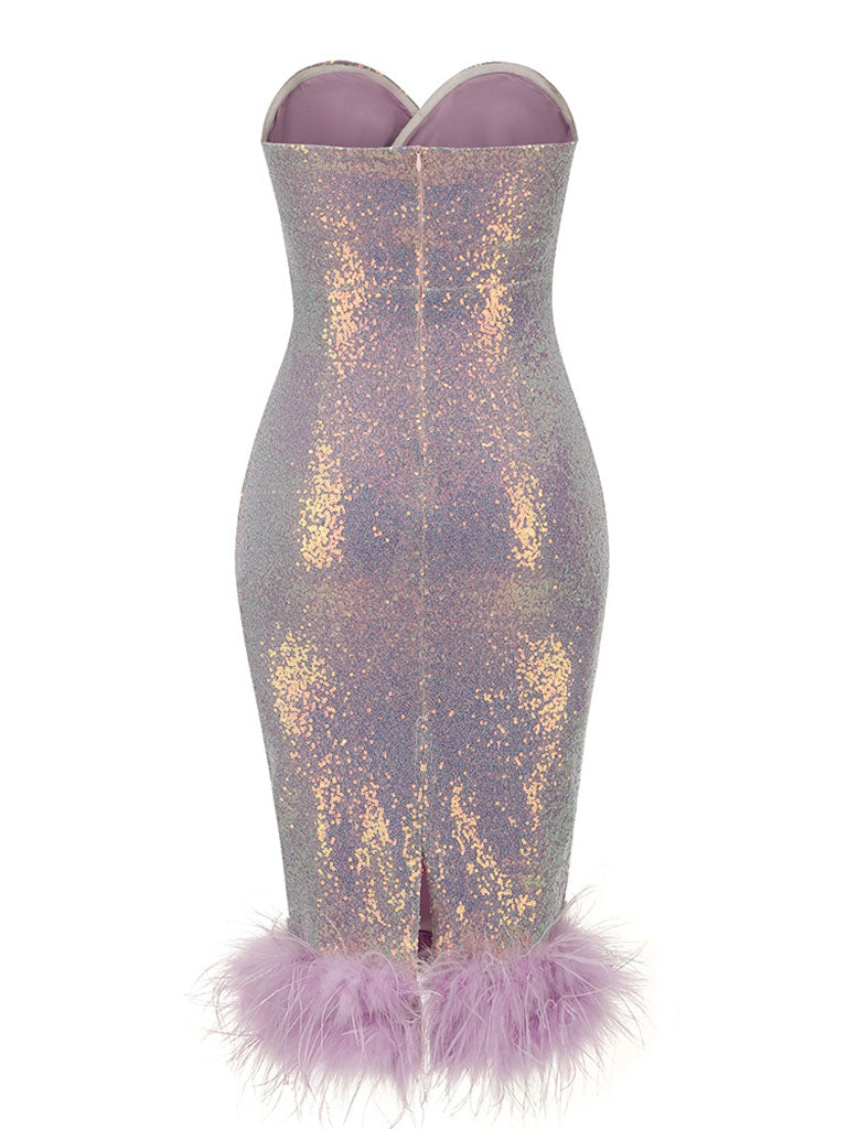 Purple Sweet Feather Hem Sequin Strapless Bodycon Gown Party Dress