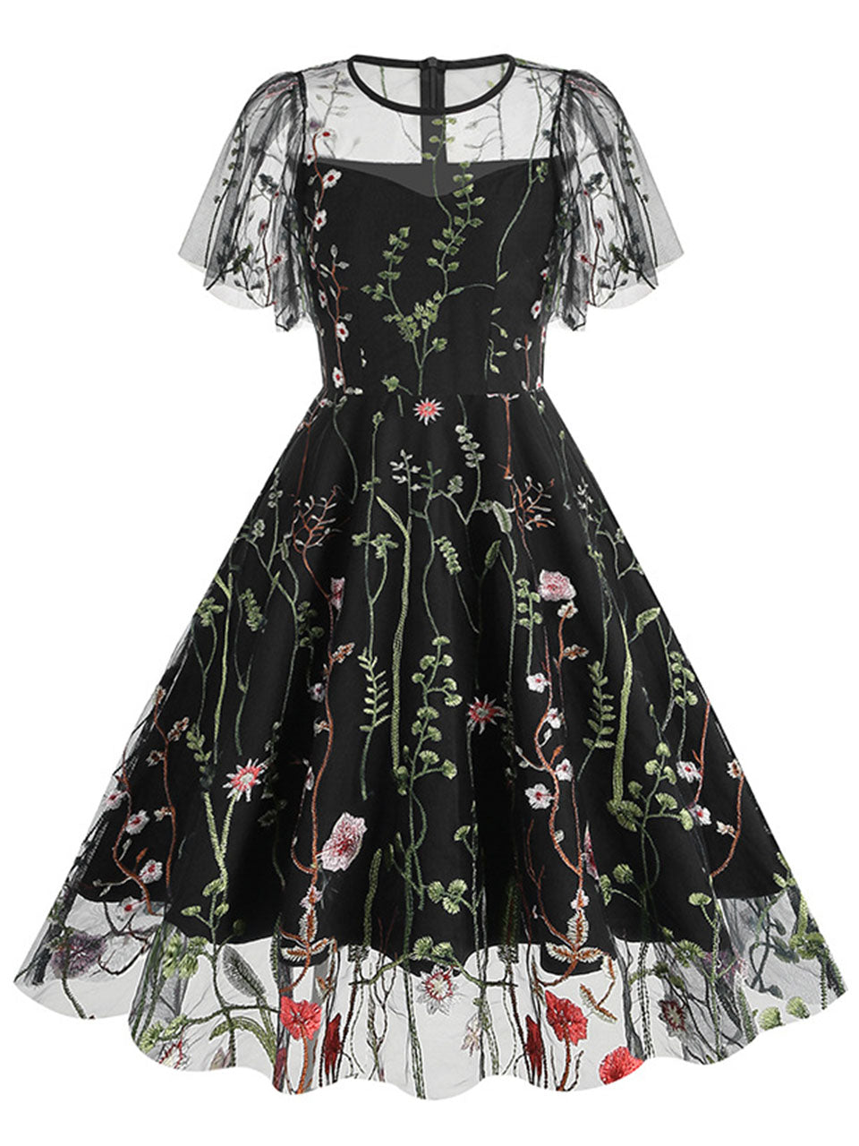 Wine Red Semi Mesh Flower Embroidered Short Sleeve 50S Swing Dress