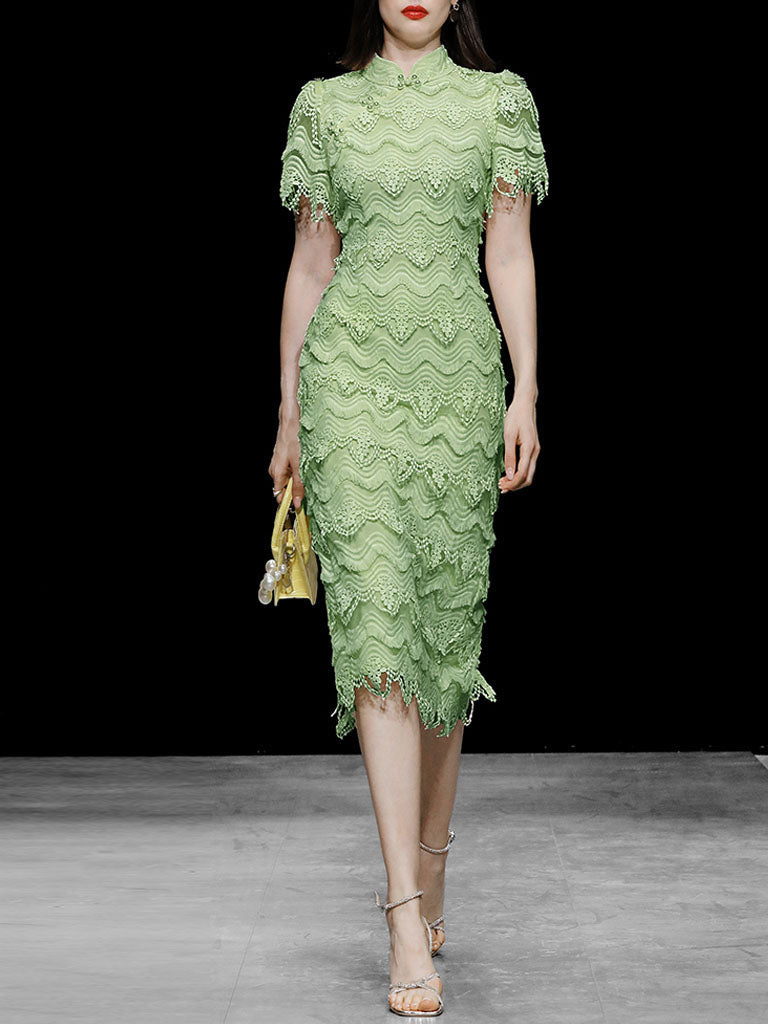 Green Heavy Lace Fabric Embroidered Tassel 1940S Vintage Dress