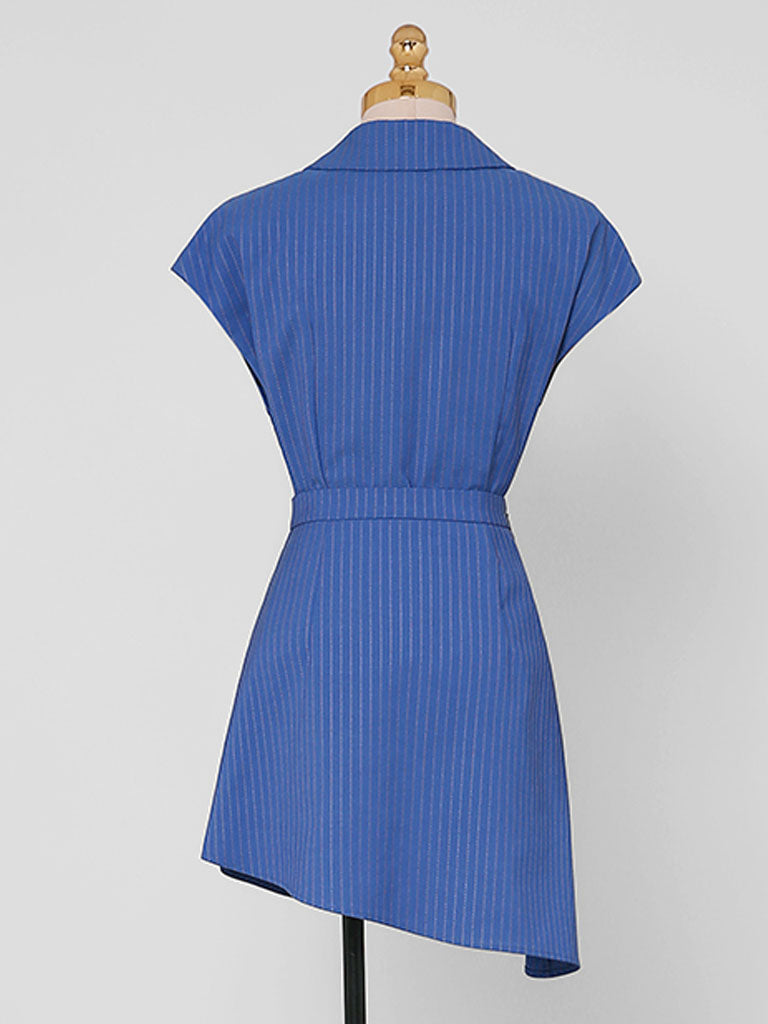 2PS Blue Vertical Striped Lapel Sleeveless Slim Top High Waist Asymmetric Short Skirt Set