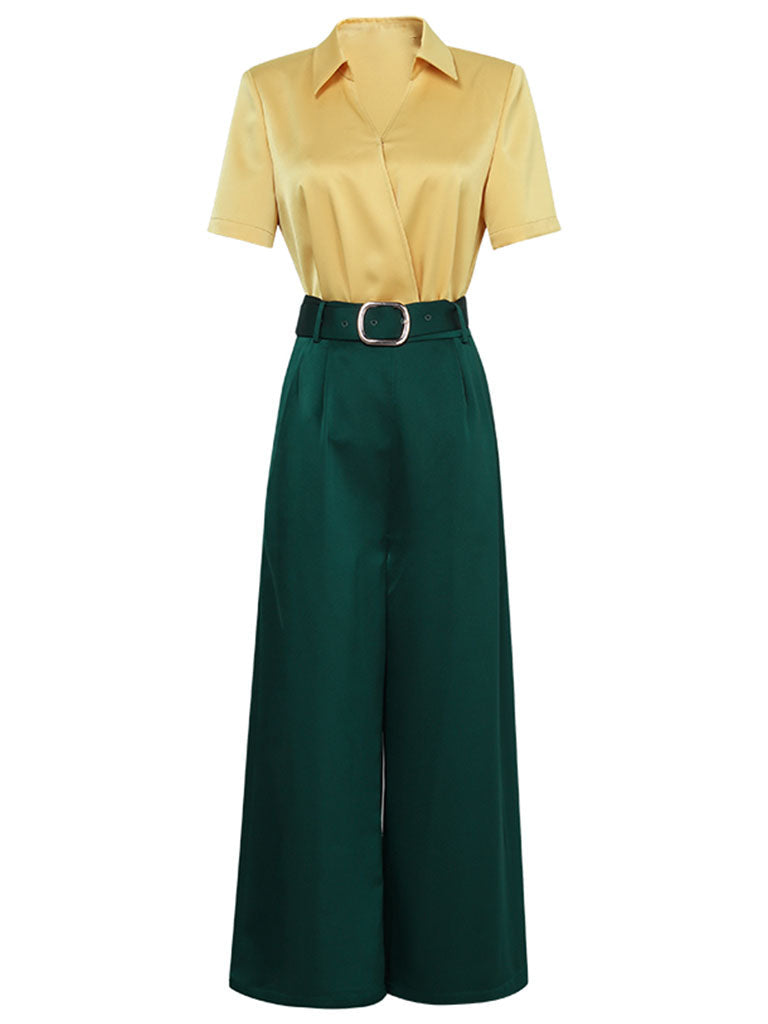 2PS Yellow Elegant V-neck Short Sleeve Shirt