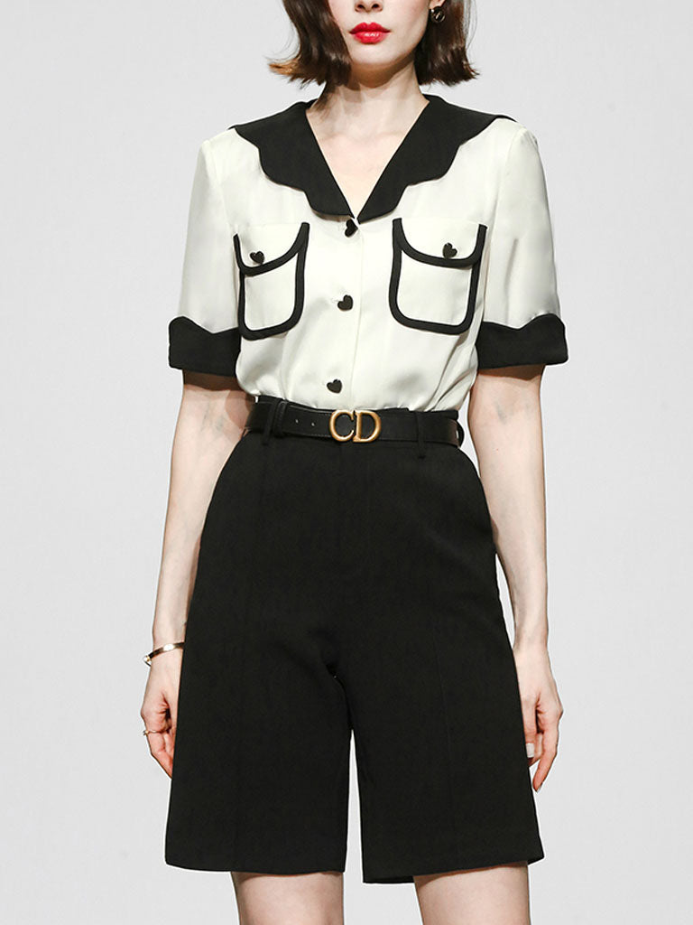 2PS White Wavy Petal Lapel Straight Short-sleeved Shirt Five-point Shorts Suit