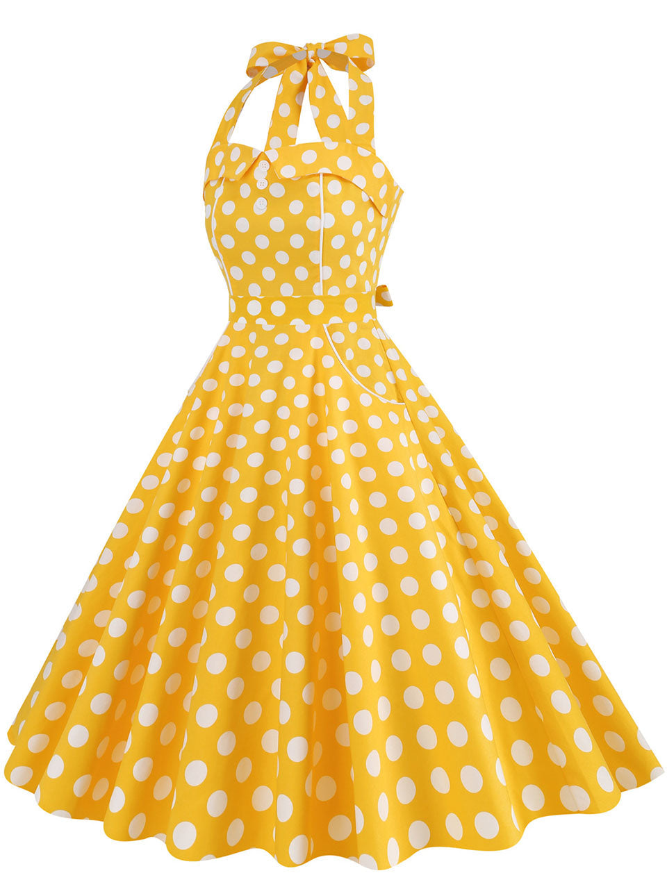 Yellow Polka Dots Vintage Halter Strap Backless 1950S Vintage Dress