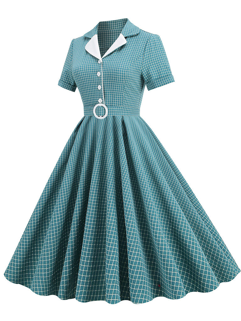 Green Plaid Turn Down Collar Short Sleeves 1950S Vintage Shirt Dress