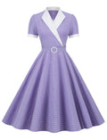 Purple Plaid V Neck Short Sleeve Swing Vintage 1950S Dress
