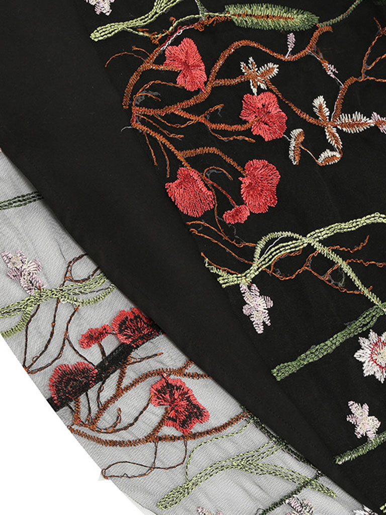 Wine Red Semi Mesh Flower Embroidered Sleeveless 50S Swing Dress