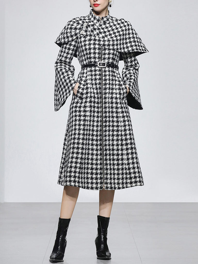 2PS Stand Collar Flared Sleeve  Houndstooth Wool Coat