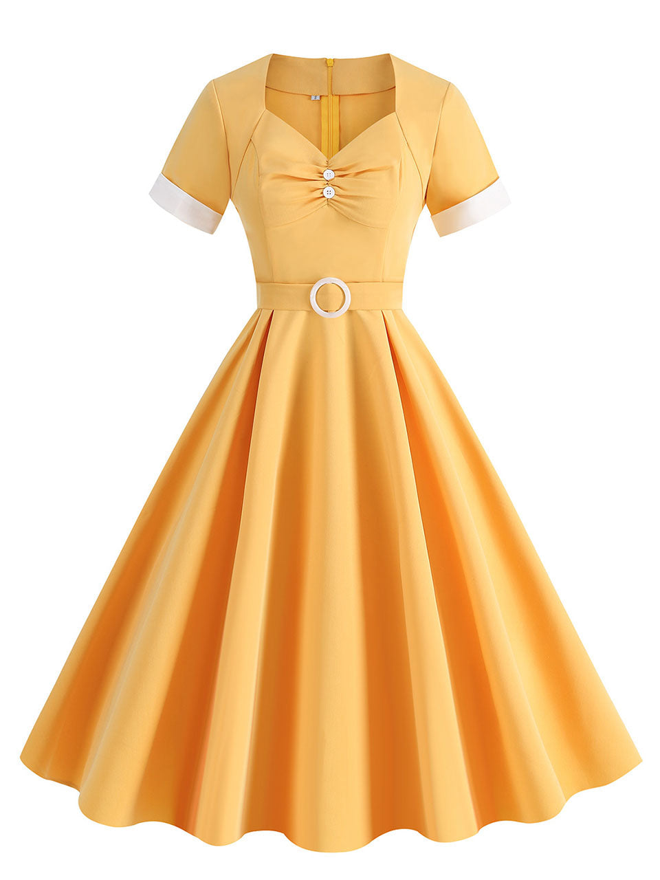 Yellow Sweet Heart 1950s Vintage Shirt Dress for Short Sleeve Audrey Hepburn Style Cocktail Swing Dress