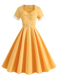 Yellow Sweet Heart 1950s Vintage Shirt Dress for Short Sleeve Audrey Hepburn Style Cocktail Swing Dress