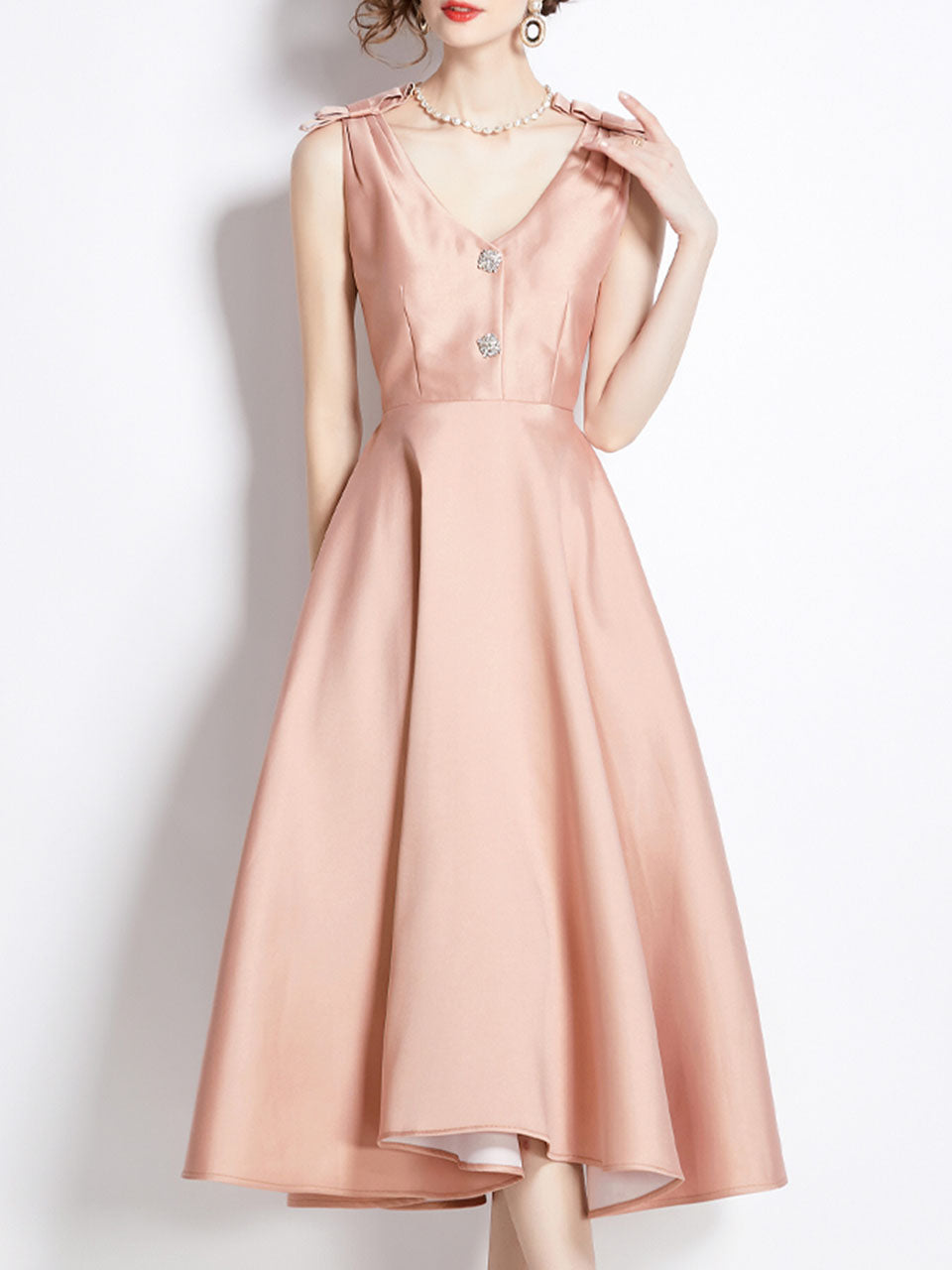 Rose Luxury Button V Neck High Waist Swing Party Dress