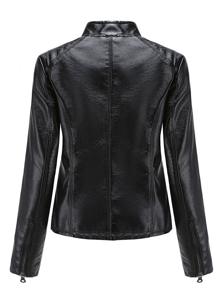 Stand Collar Long Sleeve PU Leather Motorcycle Jacket