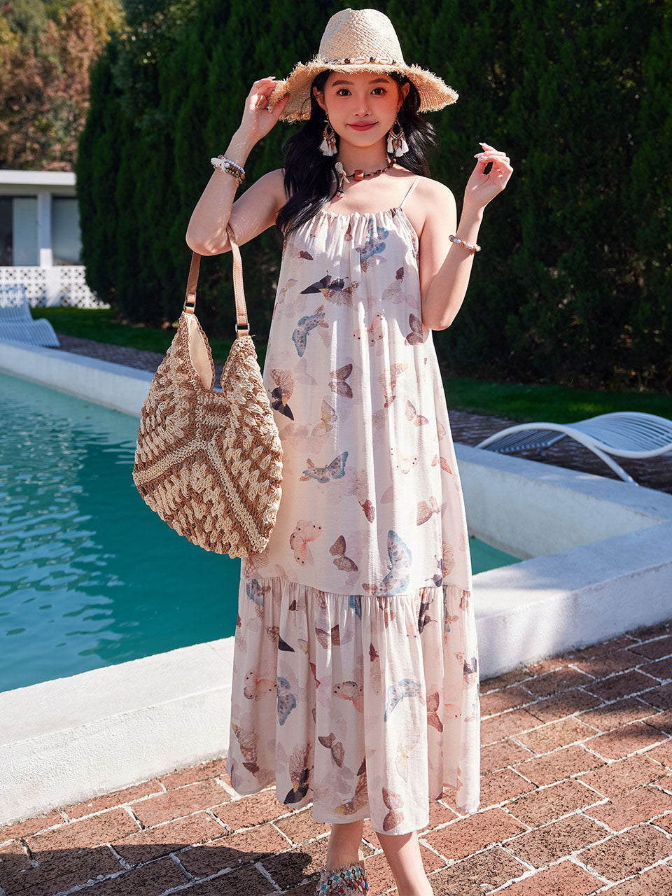 Bohemian Retro Sweet Butterfly Print Beaded Strap Boho Maxi Dress