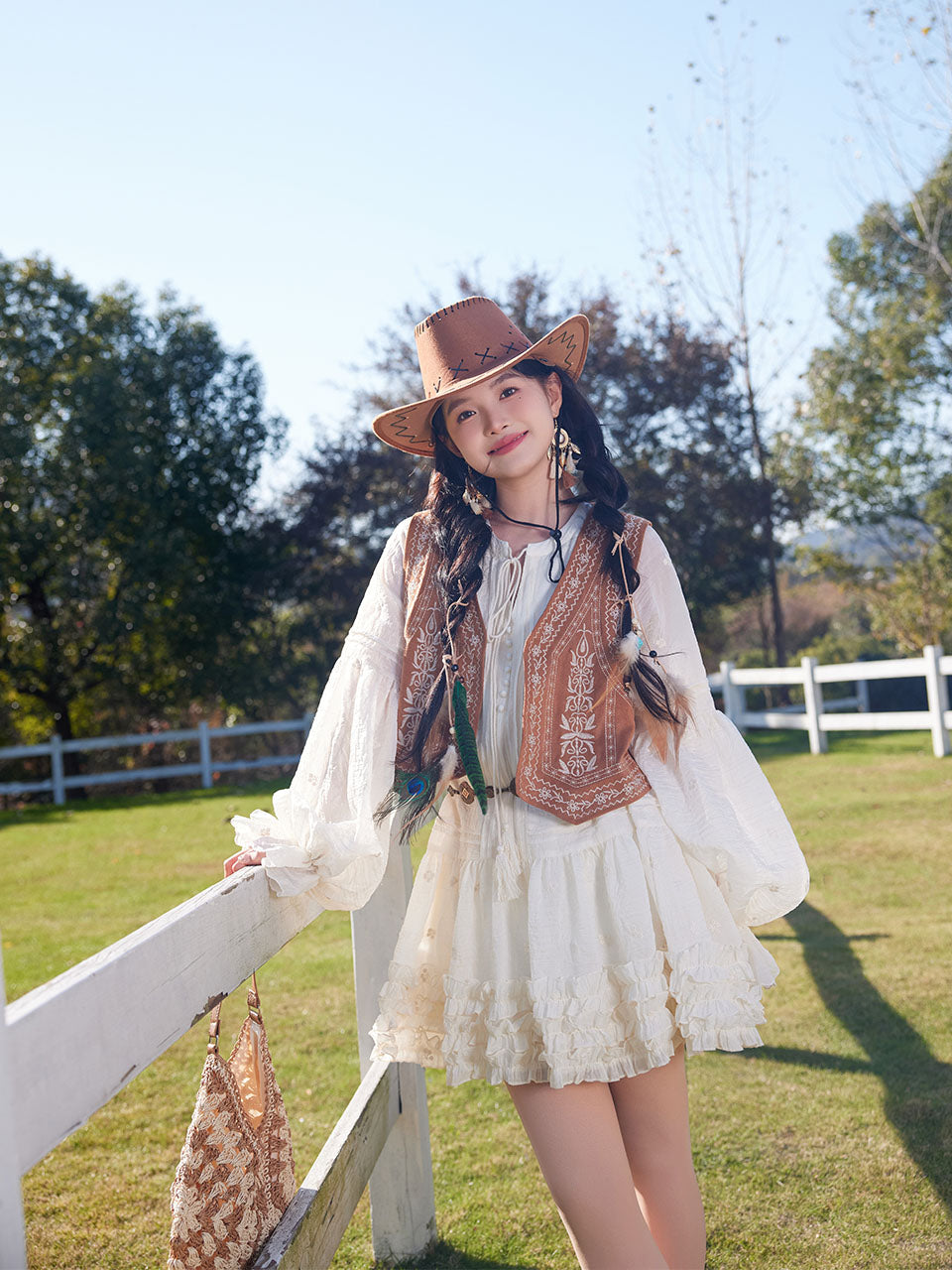 Bohemian White Long-sleeved Mini Dress