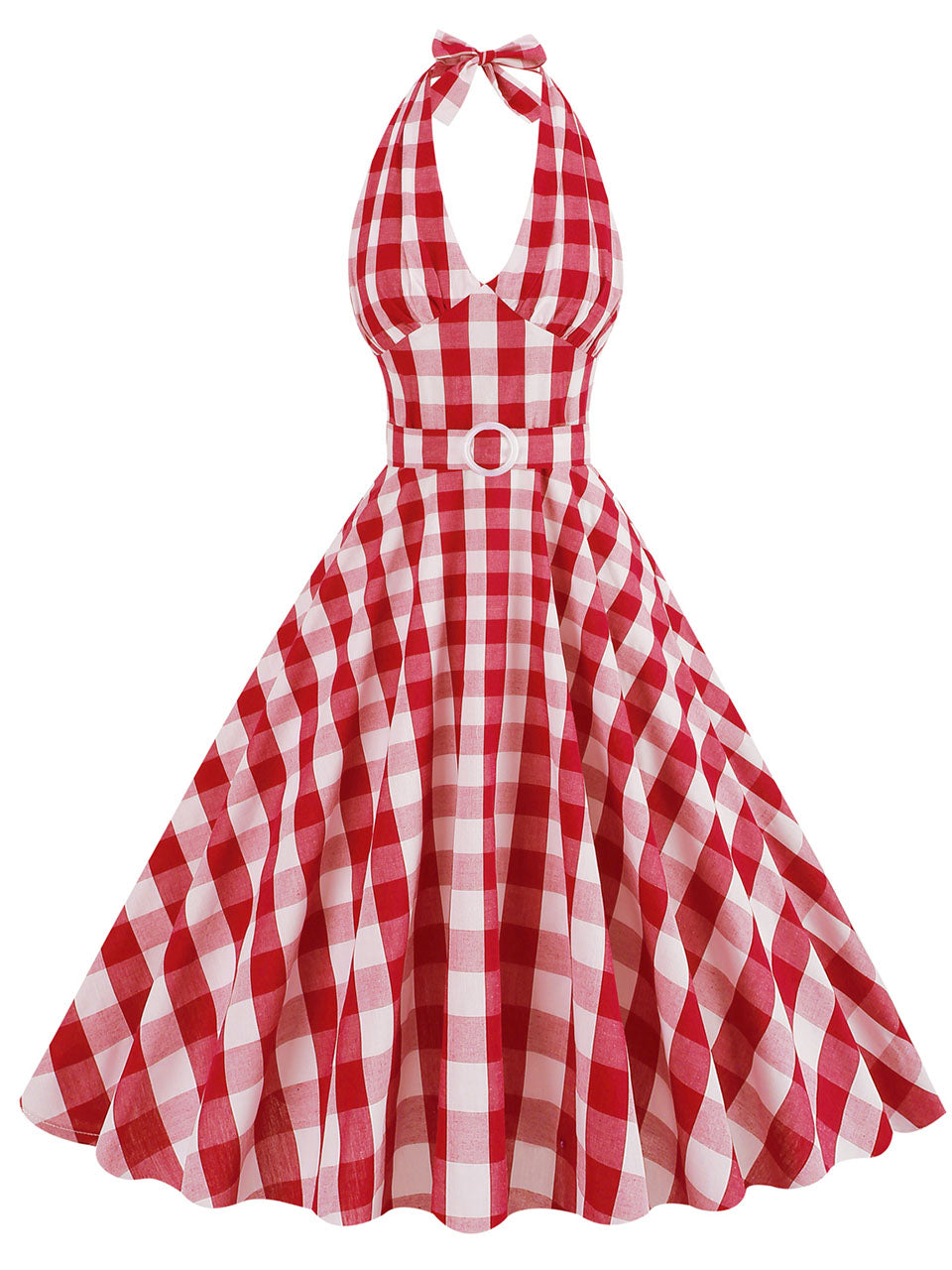 Pink And White Plaid Halter Deep V Neck 1950S Vintage Dress