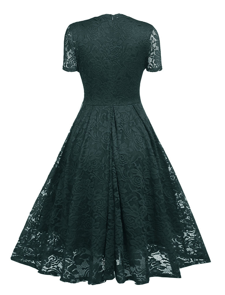 Solid Color Lace Short Sleeve V Neck 50s Party Swing Dress