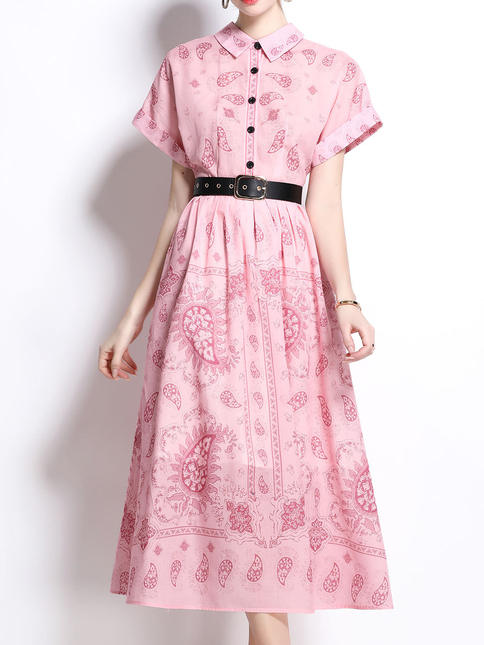 1940S Classic Shirt Collar Vintage Print Cotton Dress